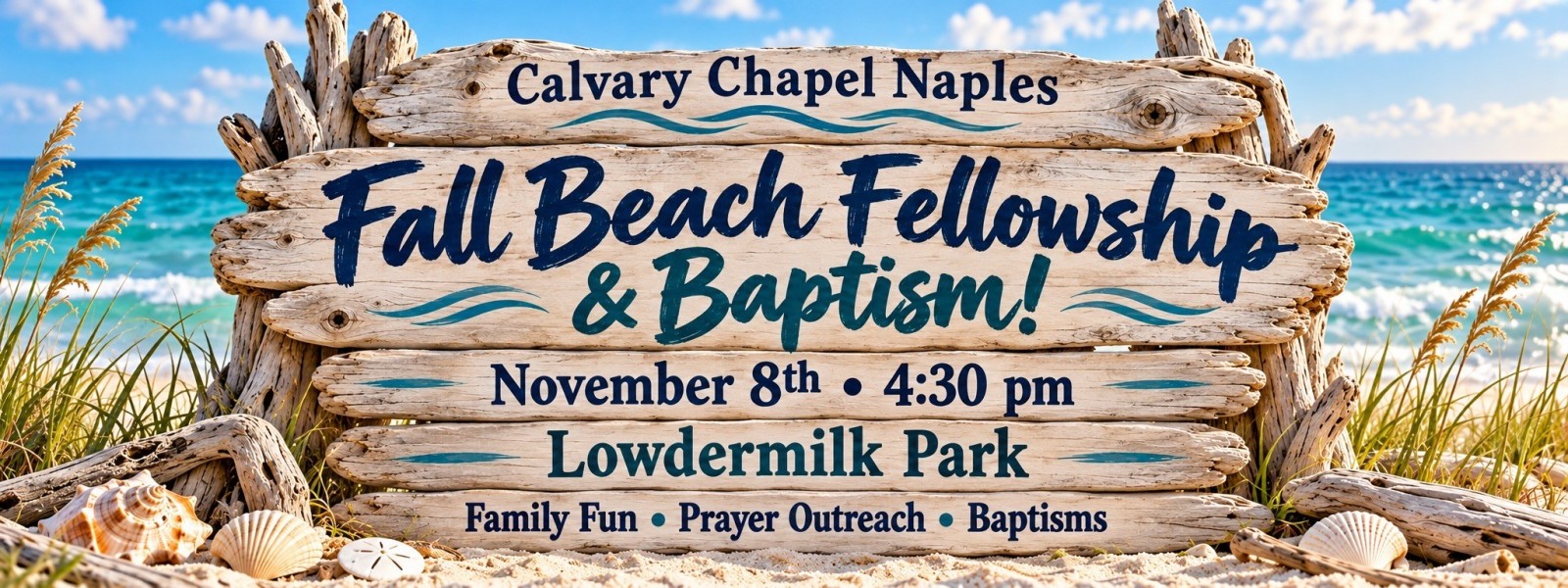 Pack a picninc dinner and come join us on Sunday November 8, 2026 at 4:30pm for an afternoon of Fellowship at Lowdermilk Park Beach Naples